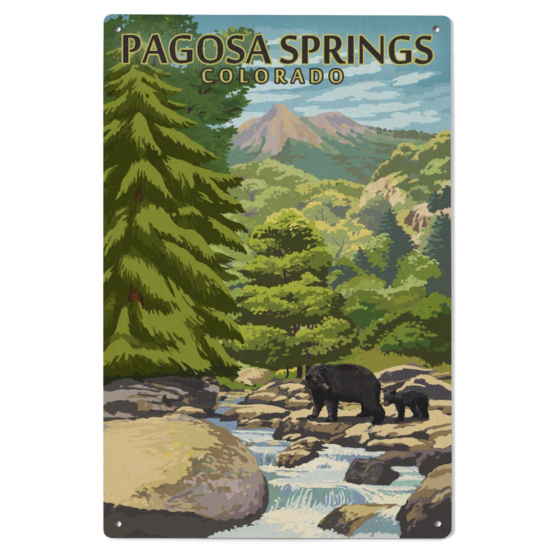 Pagosa Springs, Colorado, Black Bears & Stream, Lantern Press Artwork, Wood Signs and Postcards Wood Lantern Press 