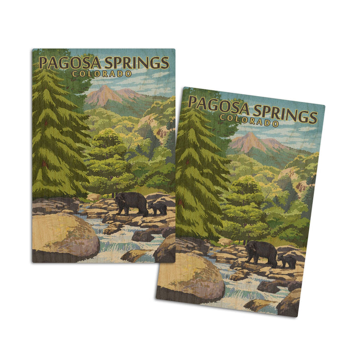Pagosa Springs, Colorado, Black Bears & Stream, Lantern Press Artwork, Wood Signs and Postcards Wood Lantern Press 4x6 Wood Postcard Set 