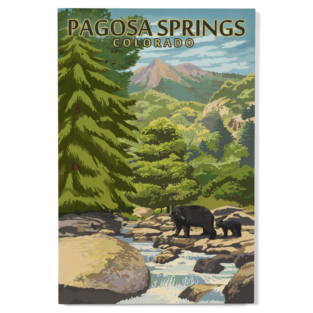 Pagosa Springs, Colorado, Black Bears & Stream, Lantern Press Artwork, Wood Signs and Postcards Wood Lantern Press 