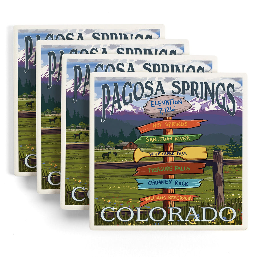 Pagosa Springs, Colorado, Destination Signpost, Lantern Press Artwork, Coaster Set Coasters Lantern Press 