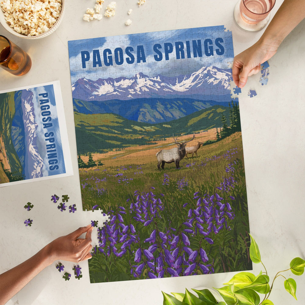 Pagosa Springs, Colorado, Elk and Flowers, Jigsaw Puzzle Puzzle Lantern Press 