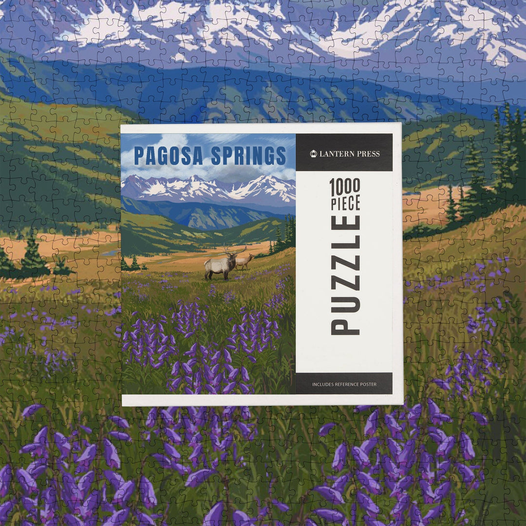 Pagosa Springs, Colorado, Elk and Flowers, Jigsaw Puzzle Puzzle Lantern Press 