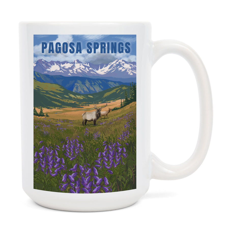 Pagosa Springs, Colorado, Elk & Flowers, Lantern Press Artwork, Ceramic Mug Mugs Lantern Press 