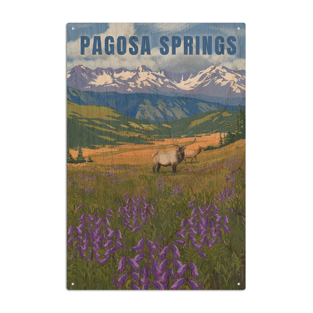 Pagosa Springs, Colorado, Elk & Flowers, Lantern Press Artwork, Wood Signs and Postcards Wood Lantern Press 10 x 15 Wood Sign 