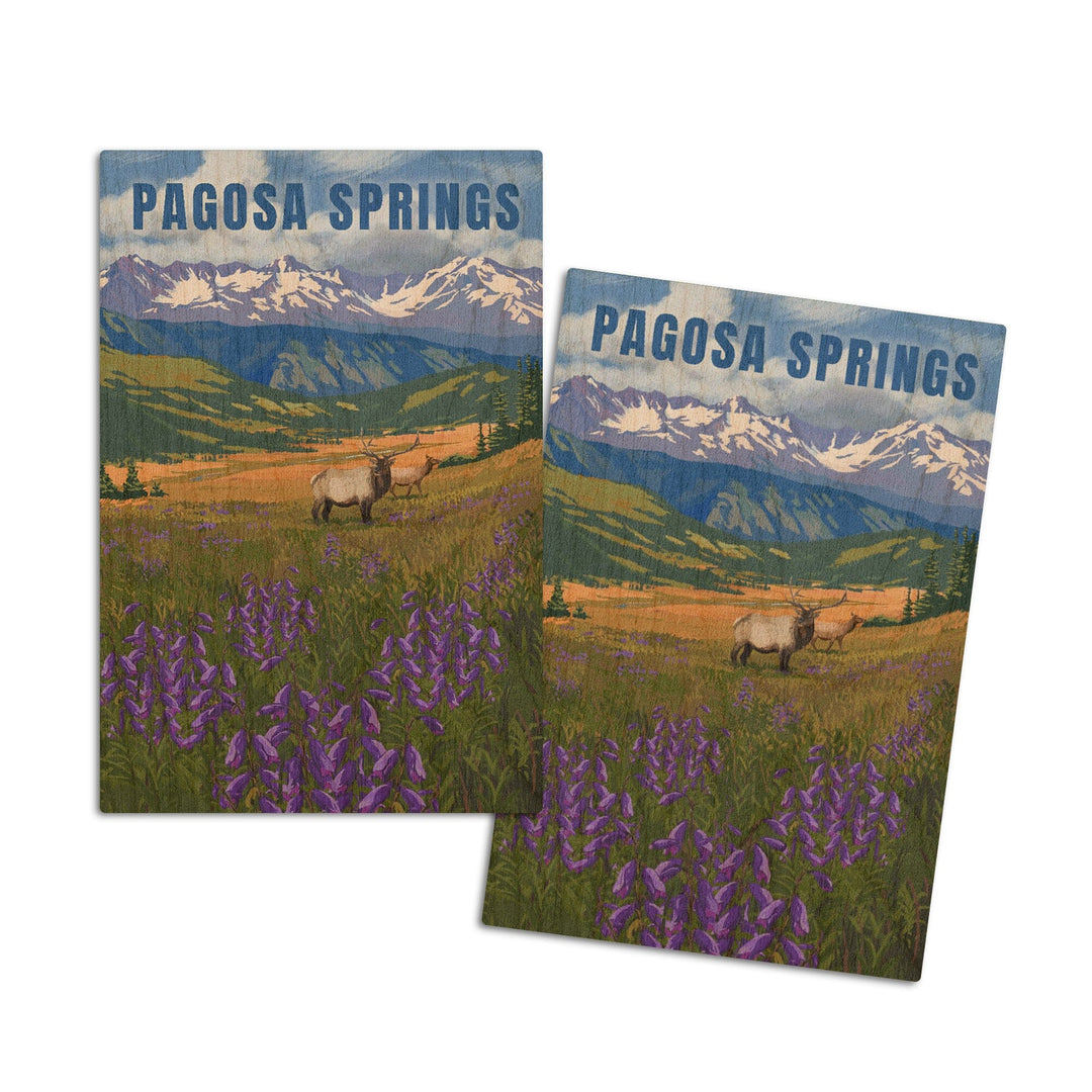 Pagosa Springs, Colorado, Elk & Flowers, Lantern Press Artwork, Wood Signs and Postcards Wood Lantern Press 4x6 Wood Postcard Set 