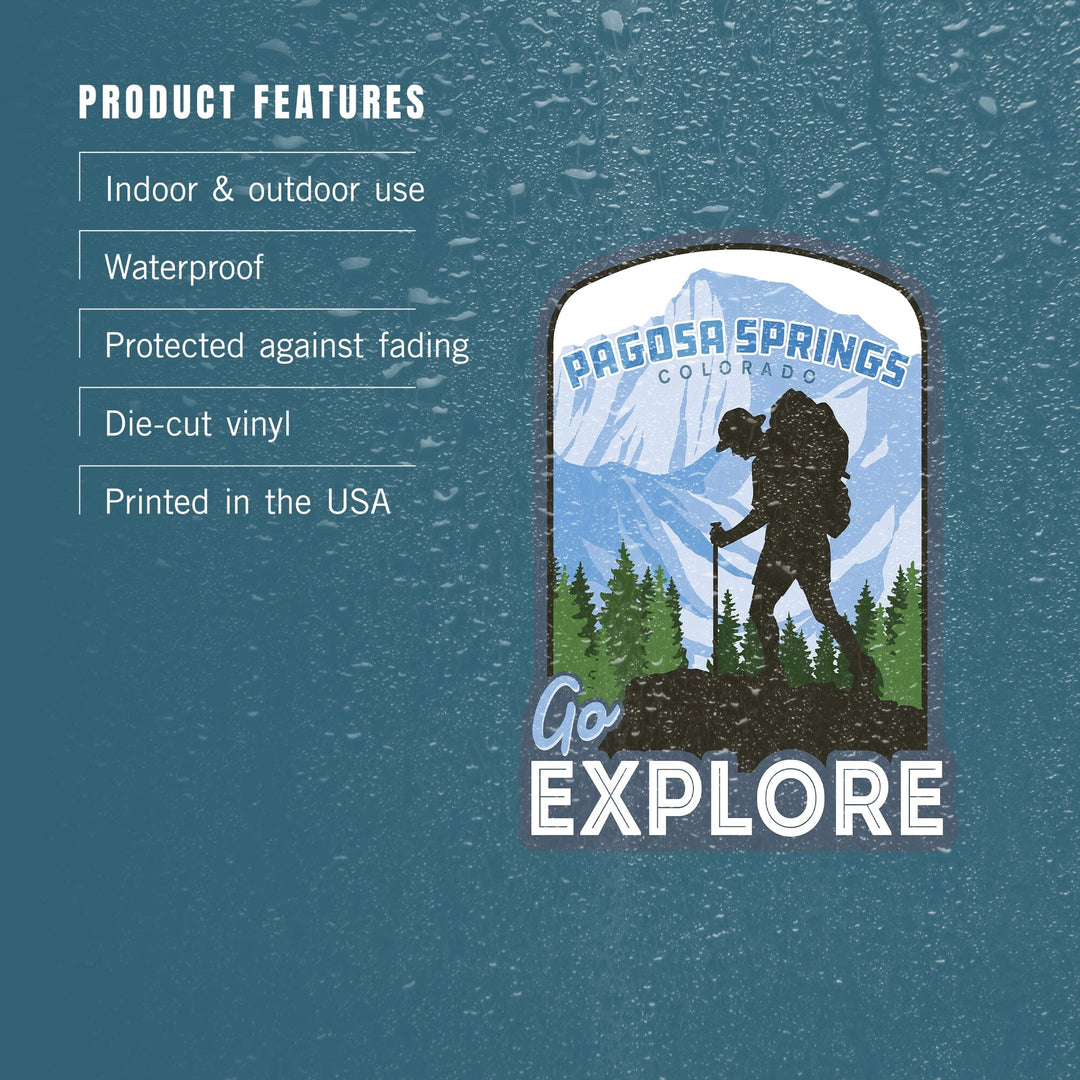 Pagosa Springs, Colorado, Go Explore, Backpacker, Contour, Vinyl Sticker Sticker Lantern Press 