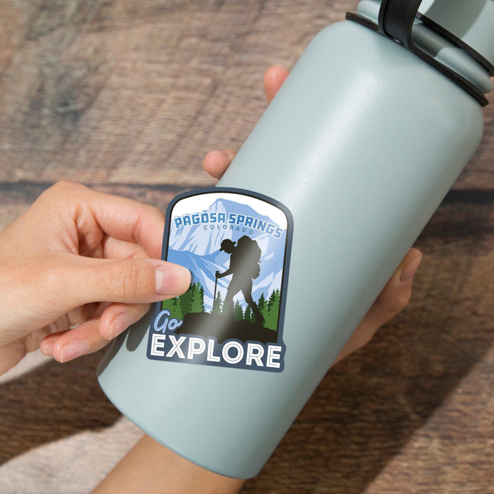 Pagosa Springs, Colorado, Go Explore, Backpacker, Contour, Vinyl Sticker Sticker Lantern Press 