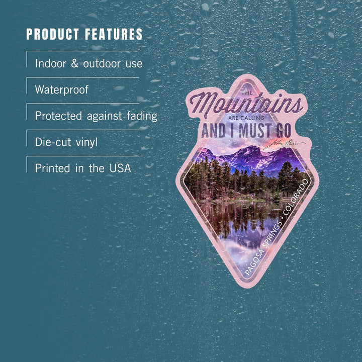 Pagosa Springs, Colorado, John Muir Quote, Sunset & Lake, Contour, Lantern Press Photography, Vinyl Sticker Sticker Lantern Press 