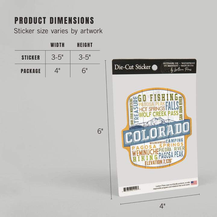 Pagosa Springs, Colorado, Rustic Typography, Contour, Vinyl Sticker Sticker Lantern Press 