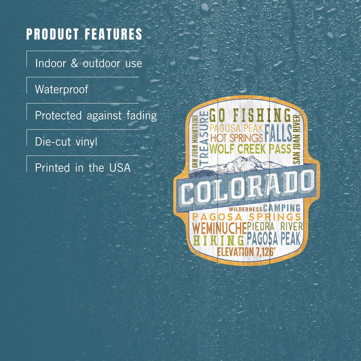 Pagosa Springs, Colorado, Rustic Typography, Contour, Vinyl Sticker Sticker Lantern Press 
