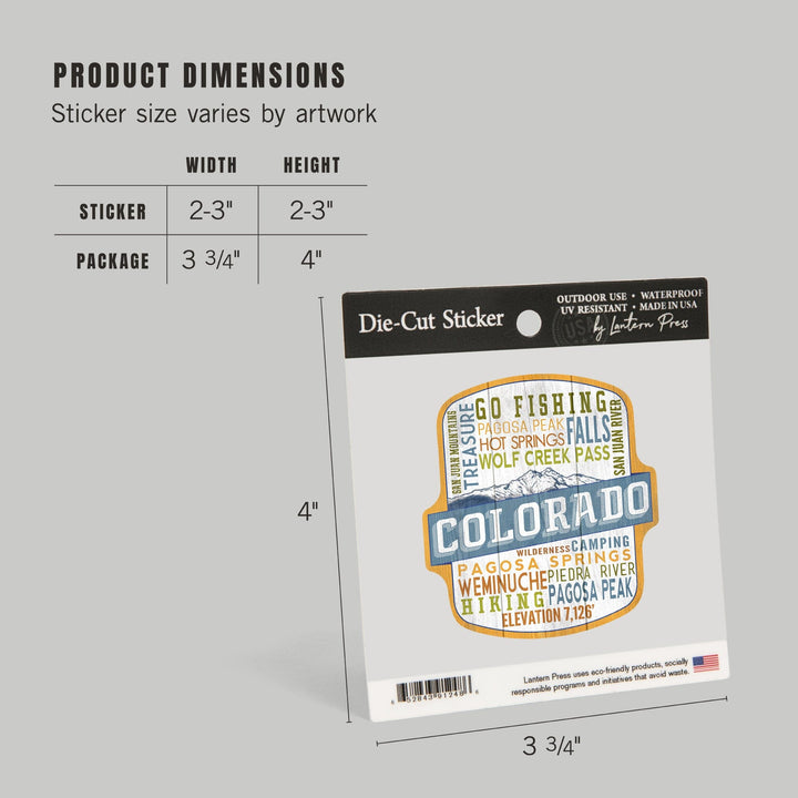 Pagosa Springs, Colorado, Rustic Typography, Contour, Vinyl Sticker Sticker Lantern Press 