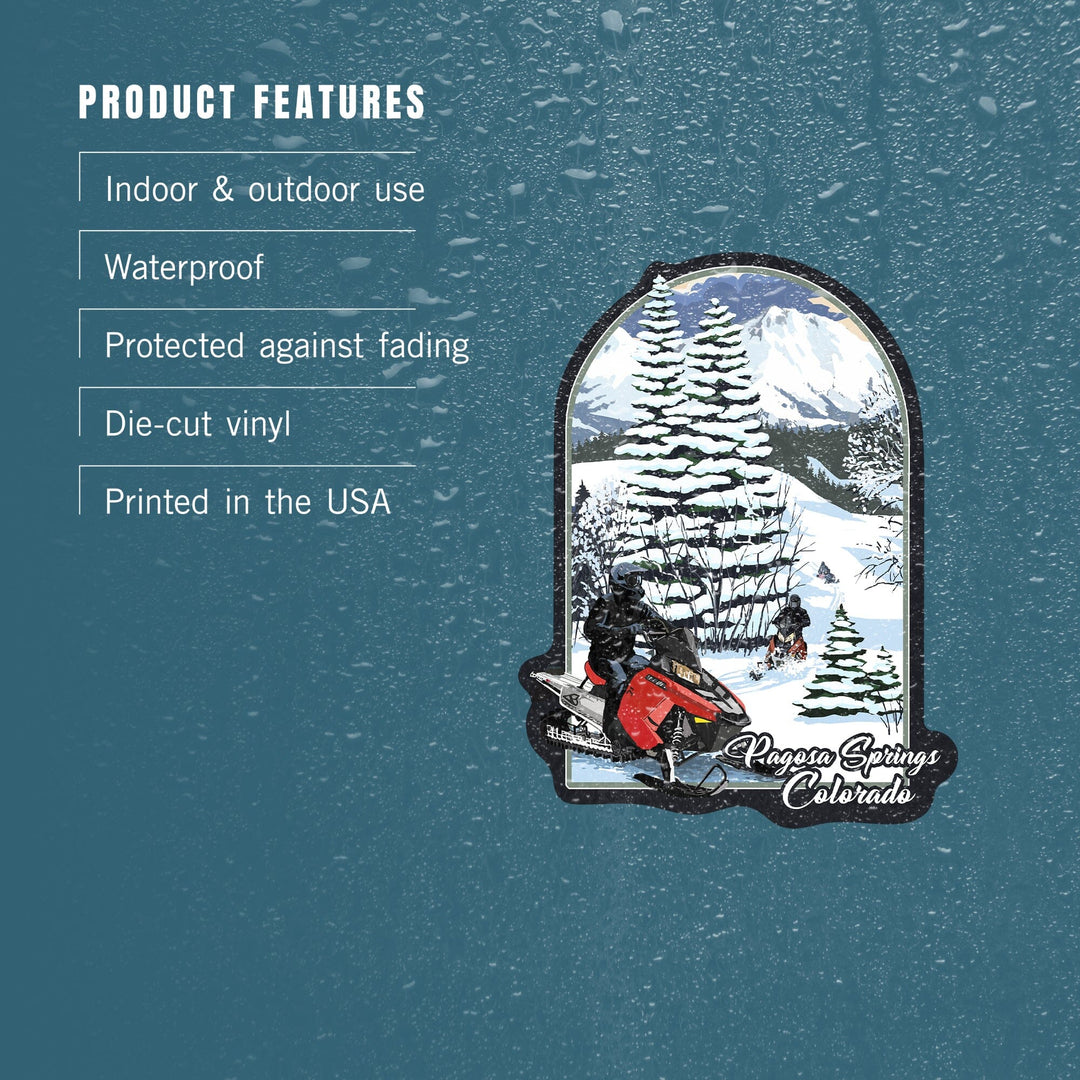 Pagosa Springs, Colorado, Snowmobile Scene, Contour, Vinyl Sticker Sticker Lantern Press 