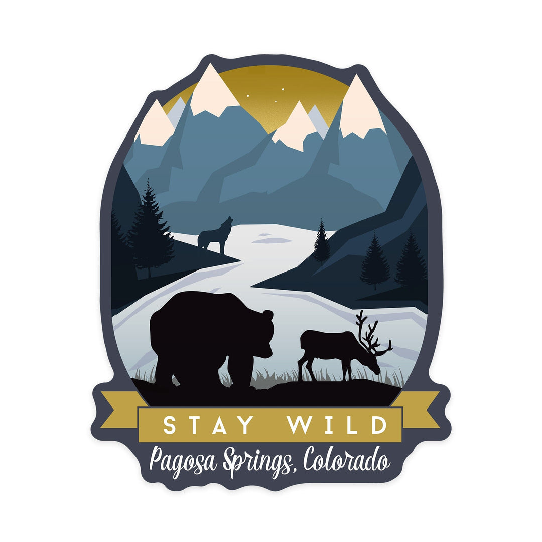 Pagosa Springs, Colorado, Stay Wild, Animal Silhouettes, Yellow & Blue, Contour, Lantern Press Artwork, Vinyl Sticker Sticker Lantern Press 