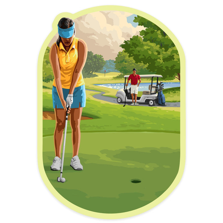 Painterly, Golfers and Cart, Contour, Vinyl Sticker Sticker Lantern Press 