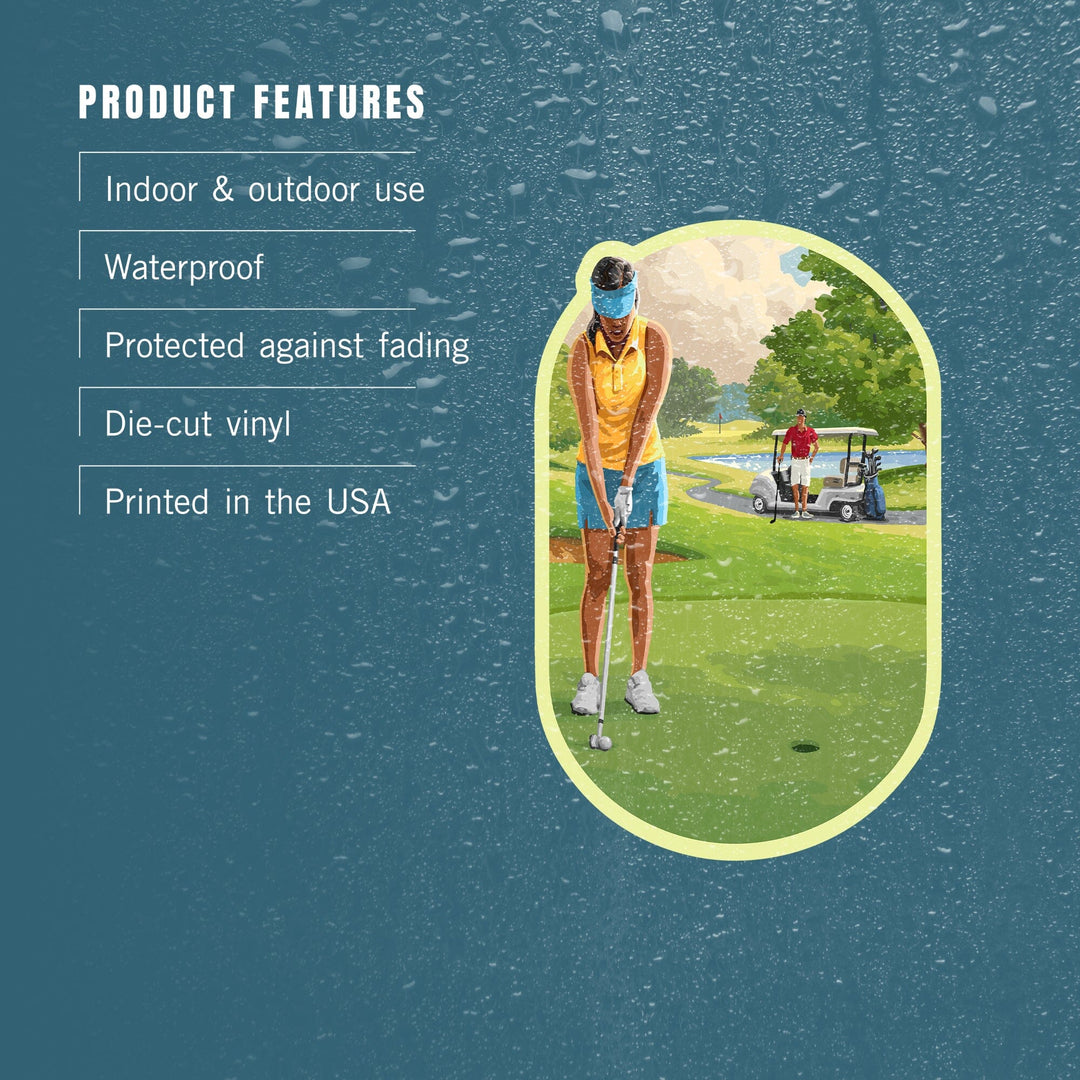 Painterly, Golfers and Cart, Contour, Vinyl Sticker Sticker Lantern Press 