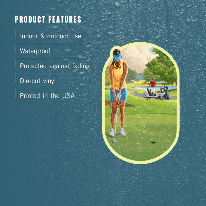 Painterly, Golfers and Cart, Contour, Vinyl Sticker Sticker Lantern Press 