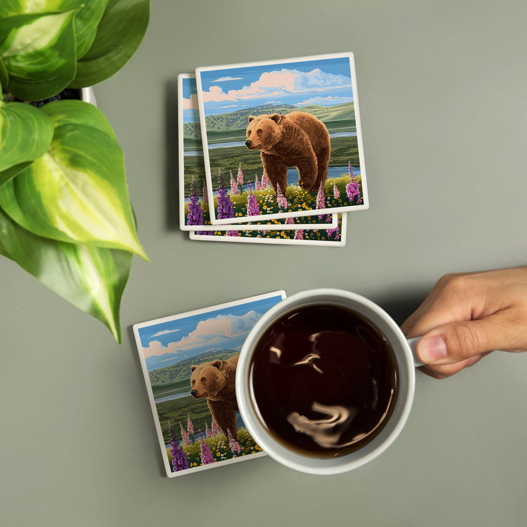Painterly, Grizzly Bear in Meadow,, Coasters Coasters Lantern Press 