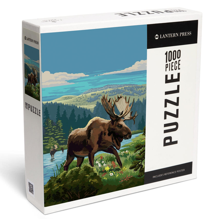Painterly, Moose and Wildflowers, Jigsaw Puzzle Puzzle Lantern Press 