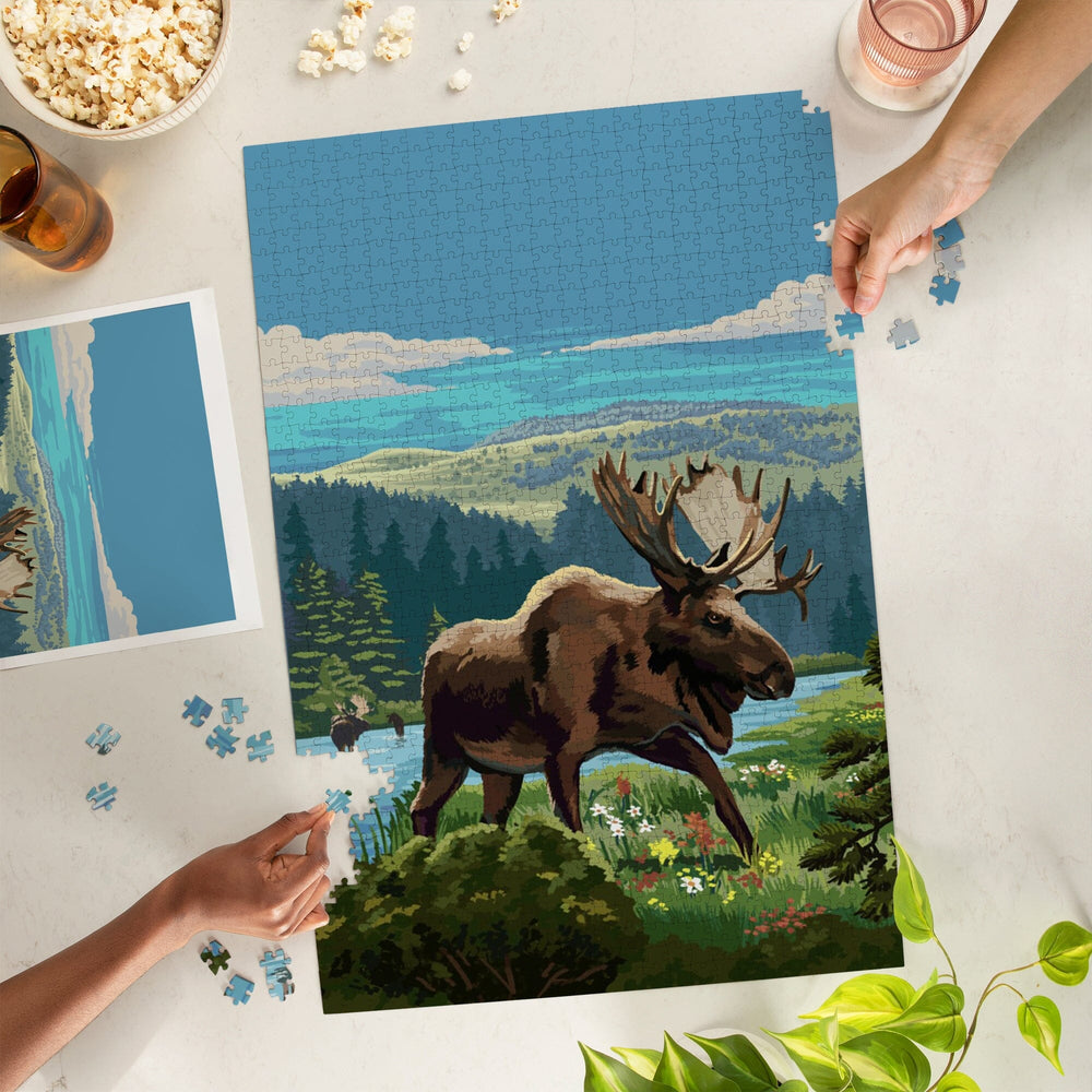 Painterly, Moose and Wildflowers, Jigsaw Puzzle Puzzle Lantern Press 