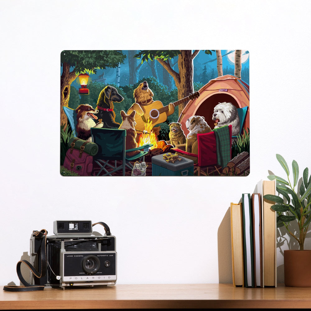 Painterly, Pack Life, Dogs Around Campfire, Metal Signs Metal Lantern Press 