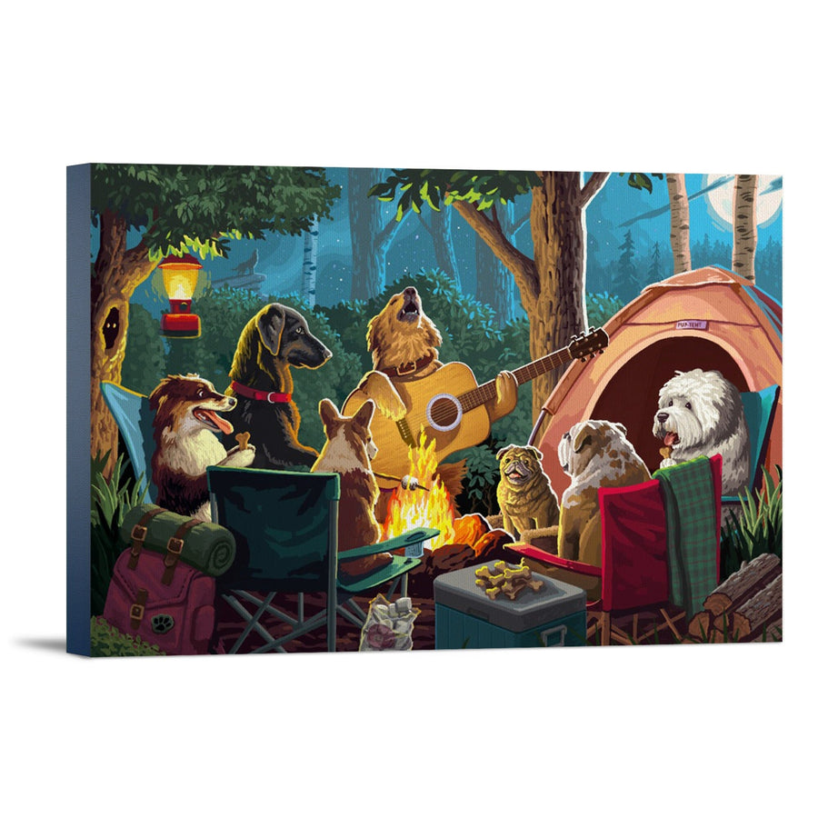 Painterly, Pack Life, Dogs Around Campfire, Stretched Canvas Canvas Lantern Press 