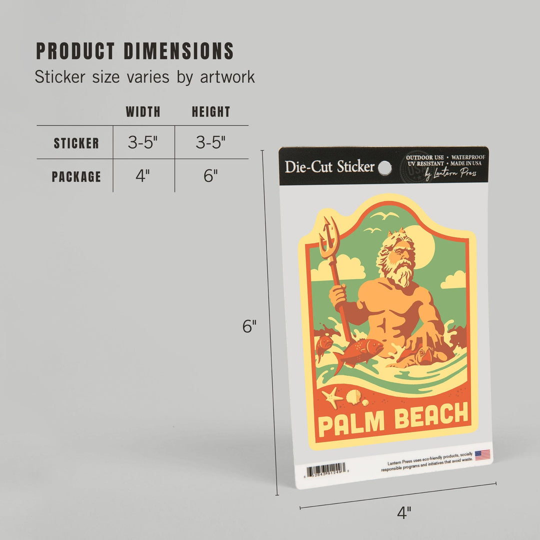 Palm Beach, Florida, King Neptune, Retro Beach Scene, Contour, Vinyl Sticker Sticker Lantern Press 