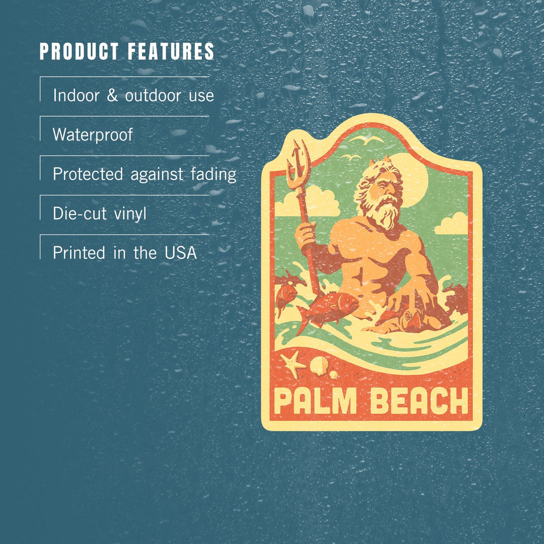 Palm Beach, Florida, King Neptune, Retro Beach Scene, Contour, Vinyl Sticker Sticker Lantern Press 