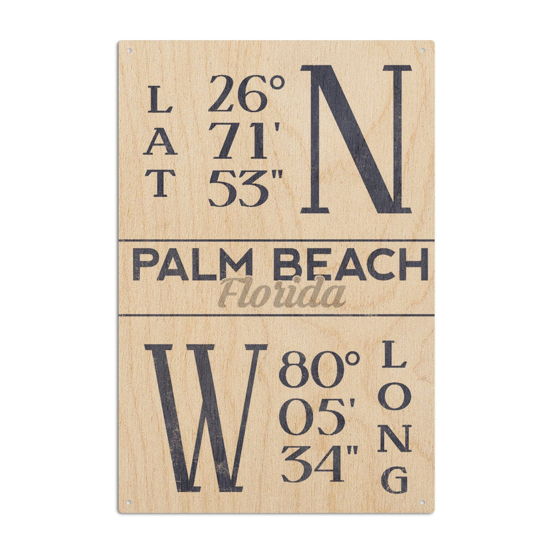 Palm Beach, Florida, Latitude & Longitude (Blue), Lantern Press Artwork, Wood Signs and Postcards Wood Lantern Press 10 x 15 Wood Sign 