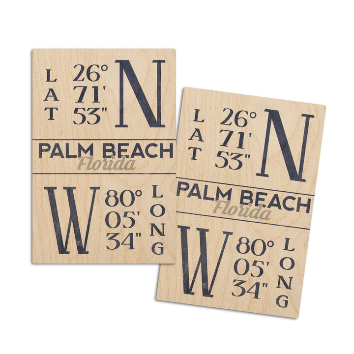 Palm Beach, Florida, Latitude & Longitude (Blue), Lantern Press Artwork, Wood Signs and Postcards Wood Lantern Press 4x6 Wood Postcard Set 