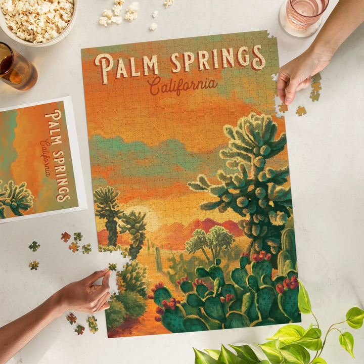 Palm Springs, California, Oil Painting Series, Cholla Cactus, Jigsaw Puzzle Puzzle Lantern Press 