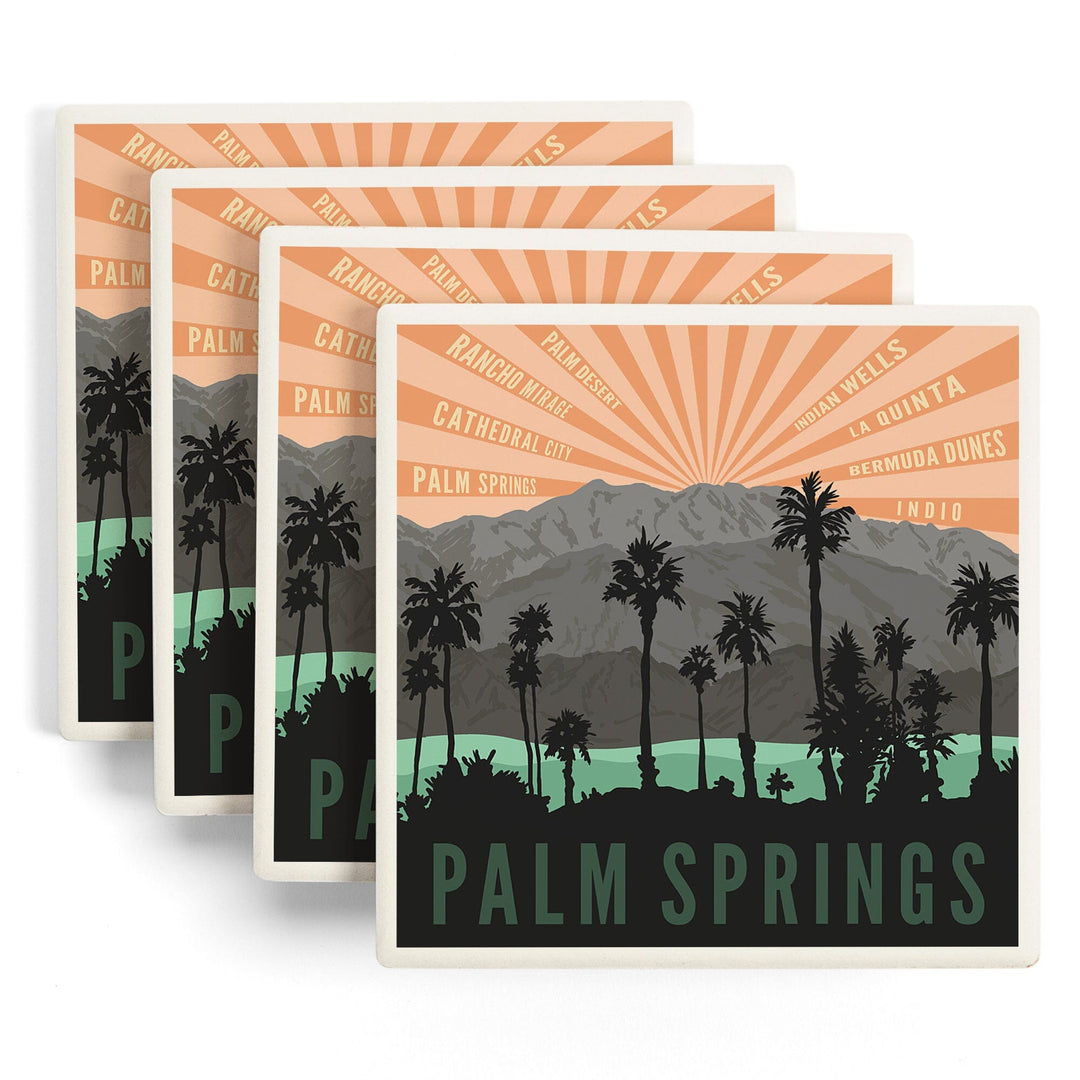 Palm Springs, California, Palm Trees & Mountains, Lantern Press Artwork, Coaster Set Coasters Lantern Press 