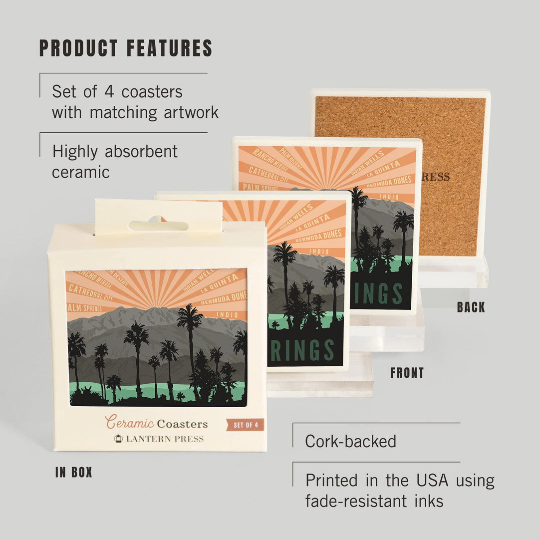 Palm Springs, California, Palm Trees & Mountains, Lantern Press Artwork, Coaster Set Coasters Lantern Press 