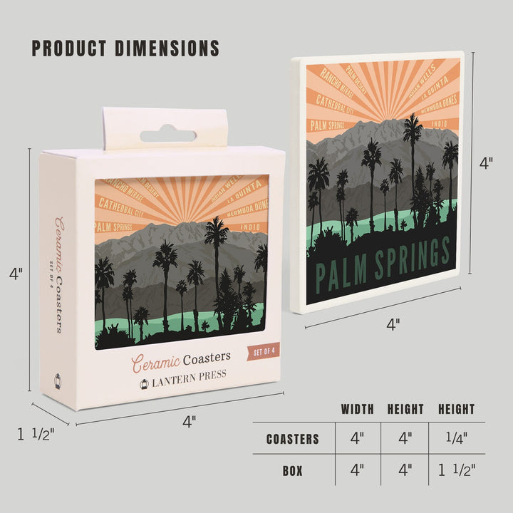 Palm Springs, California, Palm Trees & Mountains, Lantern Press Artwork, Coaster Set Coasters Lantern Press 