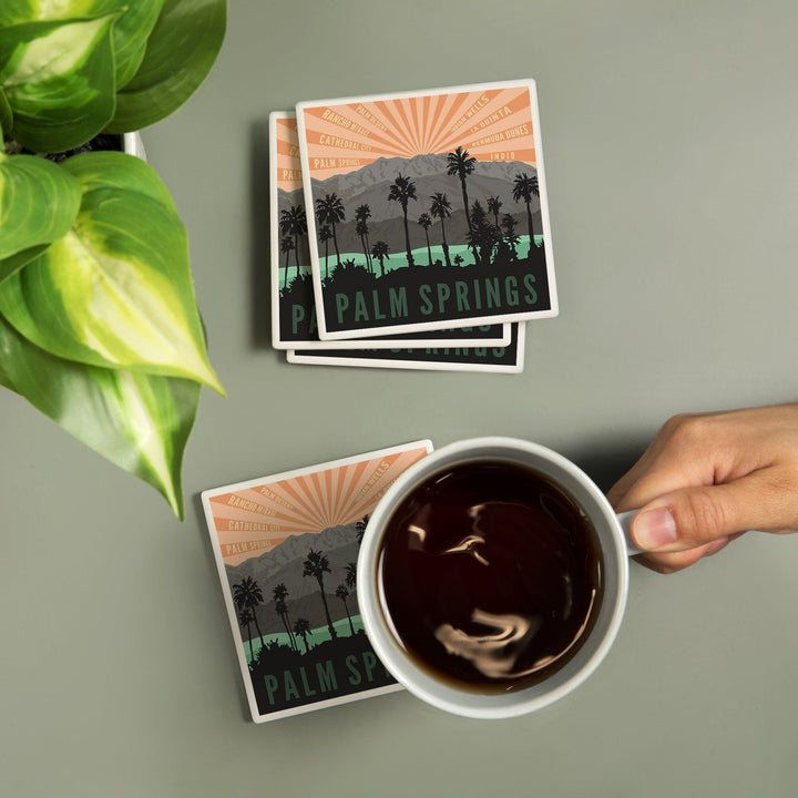 Palm Springs, California, Palm Trees & Mountains, Lantern Press Artwork, Coaster Set Coasters Lantern Press 