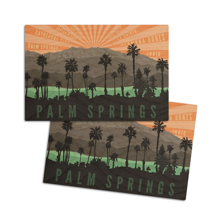 Palm Springs, California, Palm Trees & Mountains, Lantern Press Artwork, Wood Signs and Postcards Wood Lantern Press 4x6 Wood Postcard Set 