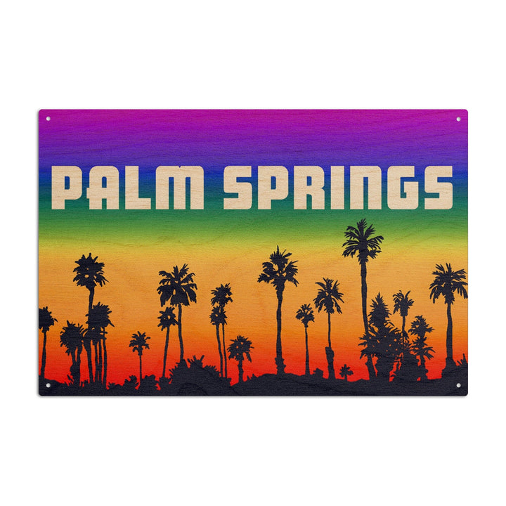 Palm Springs, California, Palm Trees, Pride Rainbow, Lantern Press Artwork, Wood Signs and Postcards Wood Lantern Press 10 x 15 Wood Sign 
