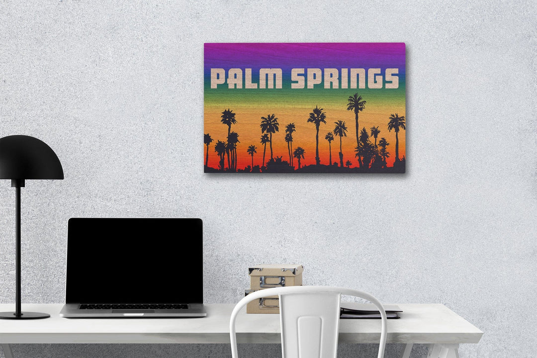 Palm Springs, California, Palm Trees, Pride Rainbow, Lantern Press Artwork, Wood Signs and Postcards Wood Lantern Press 12 x 18 Wood Gallery Print 