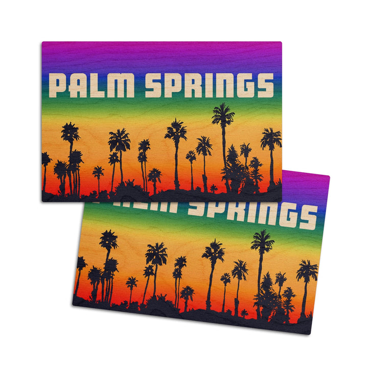 Palm Springs, California, Palm Trees, Pride Rainbow, Lantern Press Artwork, Wood Signs and Postcards Wood Lantern Press 4x6 Wood Postcard Set 