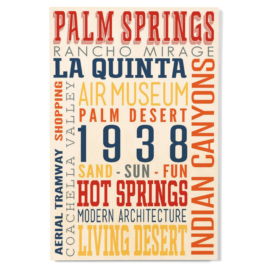 Palm Springs, California, Typography (Multi-Color), Lantern Press Artwork, Wood Signs and Postcards Wood Lantern Press 