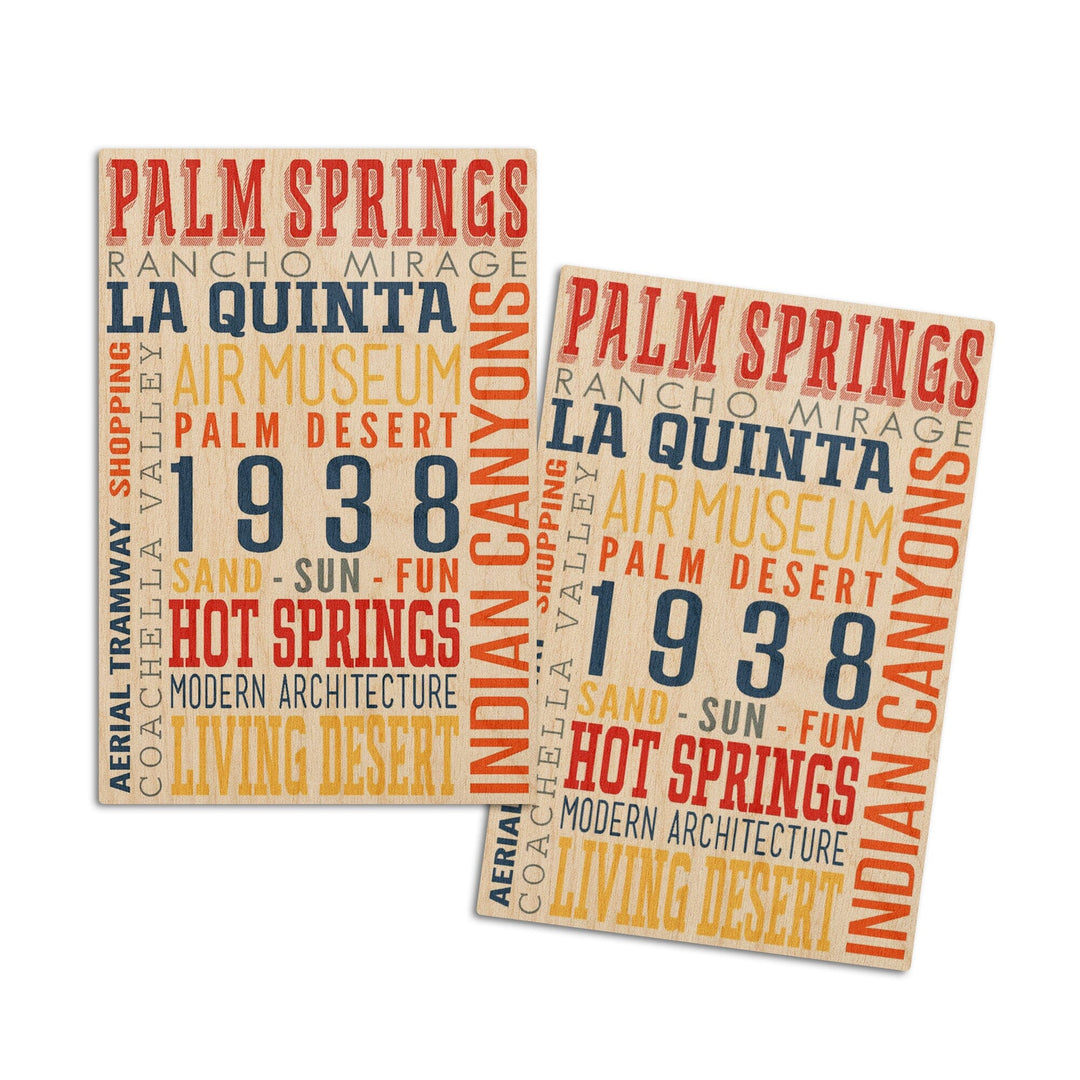 Palm Springs, California, Typography (Multi-Color), Lantern Press Artwork, Wood Signs and Postcards Wood Lantern Press 4x6 Wood Postcard Set 