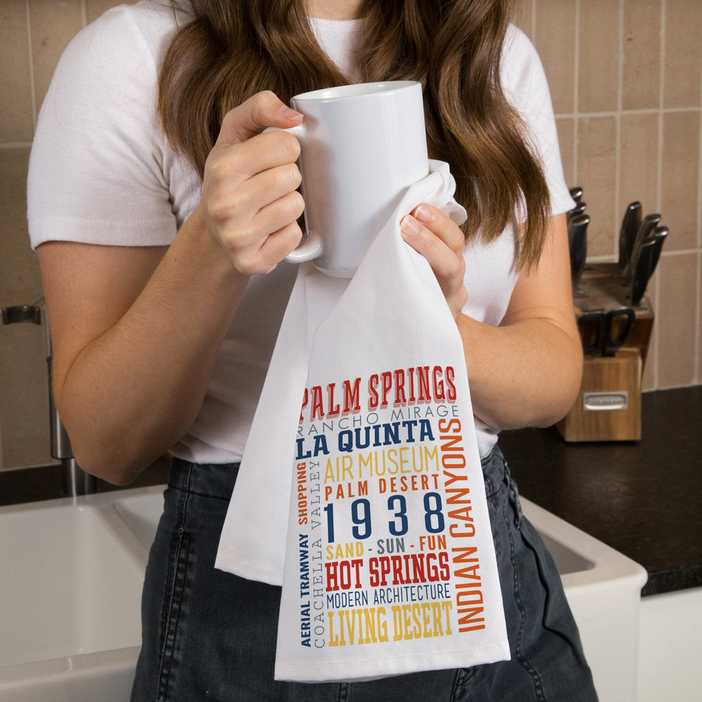 Palm Springs, California, Typography (Multi-Color), Organic Cotton Kitchen Tea Towels Kitchen Lantern Press 