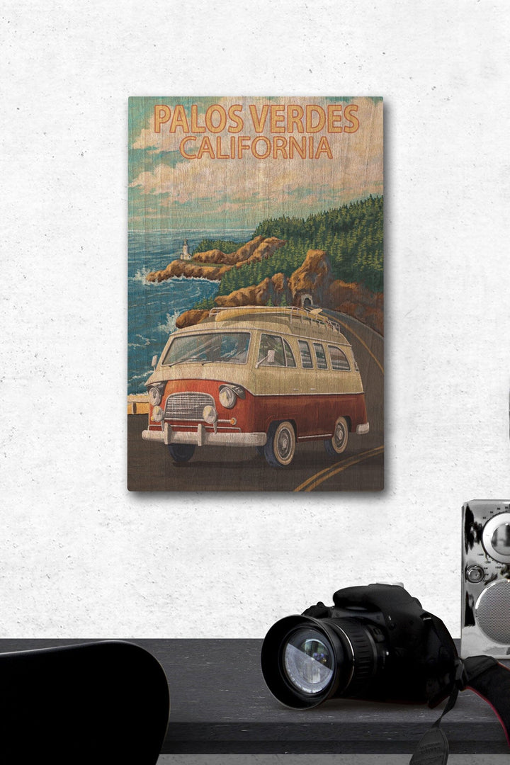 Palos Verdes, California, Camper Van, Lantern Press Artwork, Wood Signs and Postcards Wood Lantern Press 12 x 18 Wood Gallery Print 