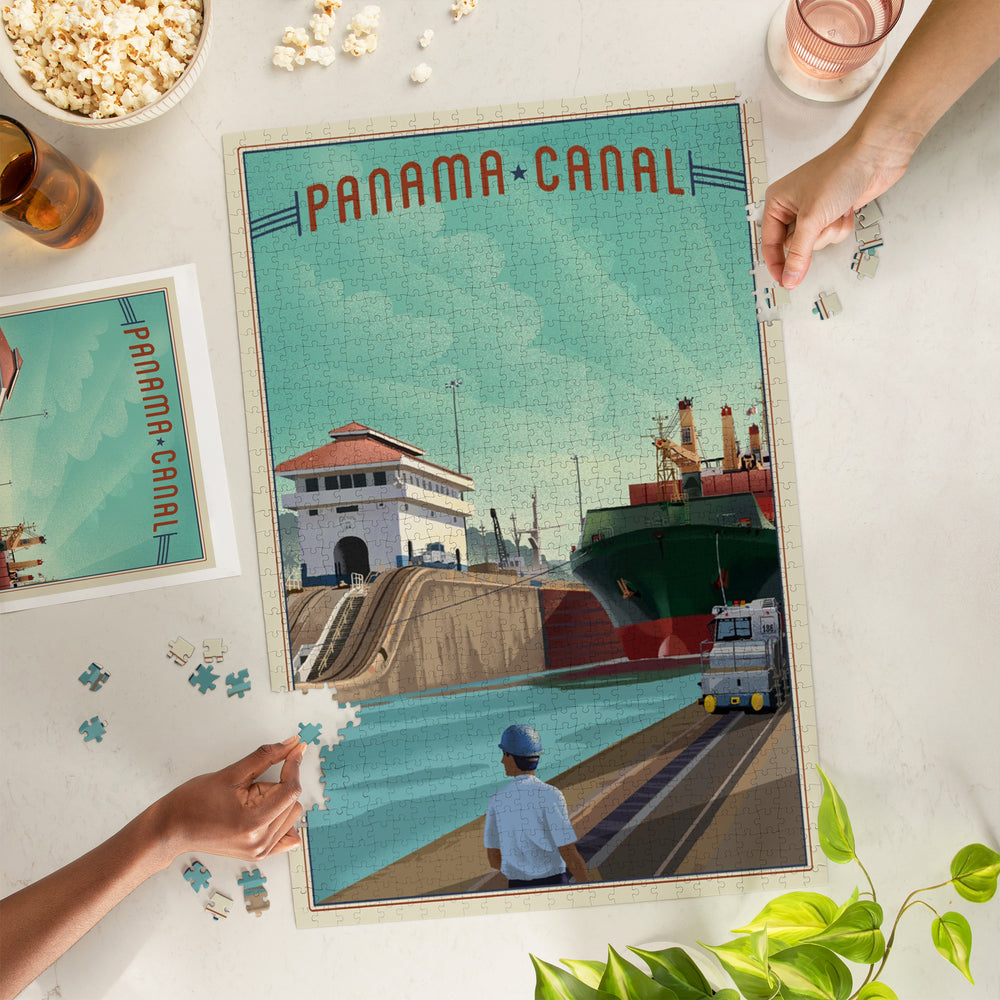 Panama Canal, Litho, Jigsaw Puzzle Puzzle Lantern Press 
