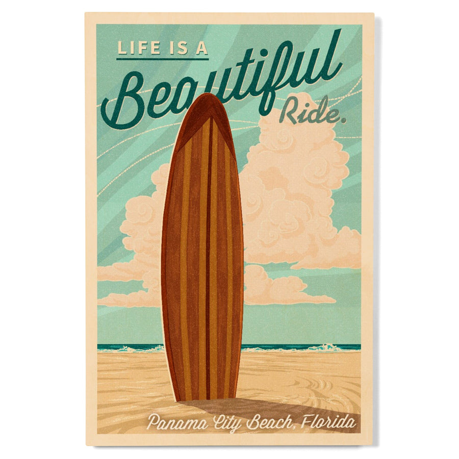 Panama City Beach, Florida, Life is a Beautiful Ride, Surfboard, Letterpress, Lantern Press, Wood Signs and Postcards Wood Lantern Press 