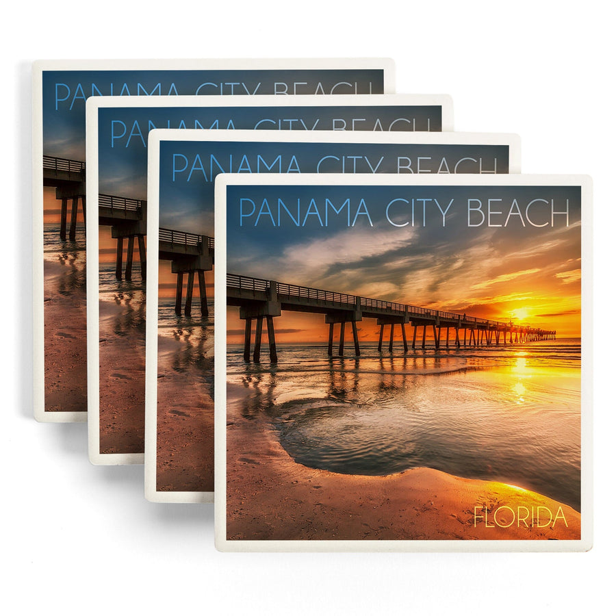 Panama City Beach, Florida, Pier & Sunset, Lantern Press Photography, Coaster Set Coasters Lantern Press 