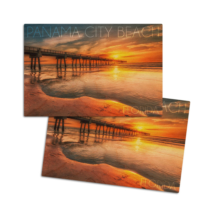 Panama City Beach, Florida, Pier & Sunset, Lantern Press Photography, Wood Signs and Postcards Wood Lantern Press 4x6 Wood Postcard Set 