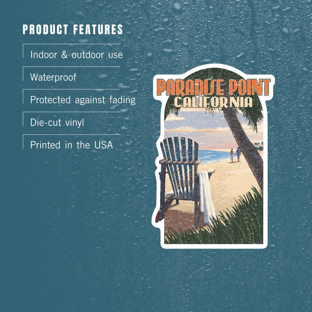 Paradise Point, California, Adirondack Chair on the Beach, Contour, Vinyl Sticker Sticker Lantern Press 