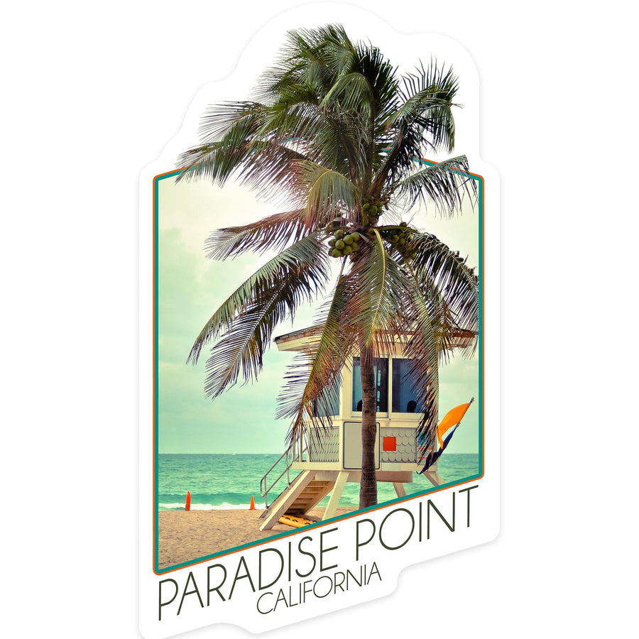 Paradise Point, California, Lifeguard Shack and Palm, Contour, Vinyl Sticker Sticker Lantern Press 