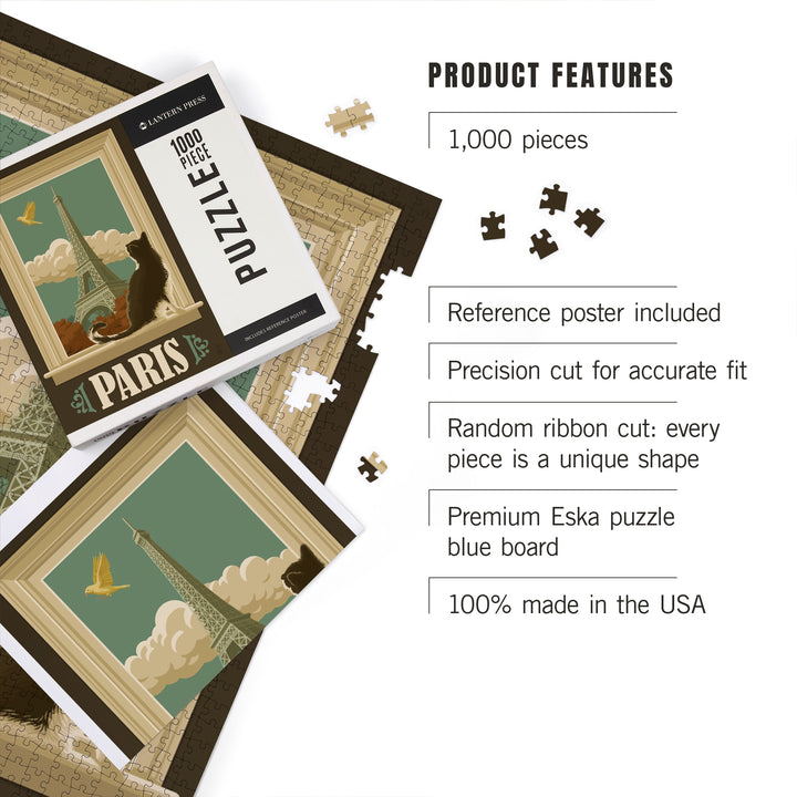 Paris, France, Eiffel Tower and Cat Window, Jigsaw Puzzle Puzzle Lantern Press 