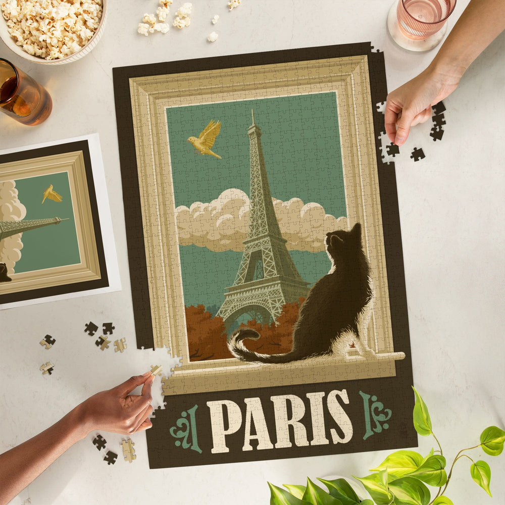 Paris, France, Eiffel Tower and Cat Window, Jigsaw Puzzle Puzzle Lantern Press 